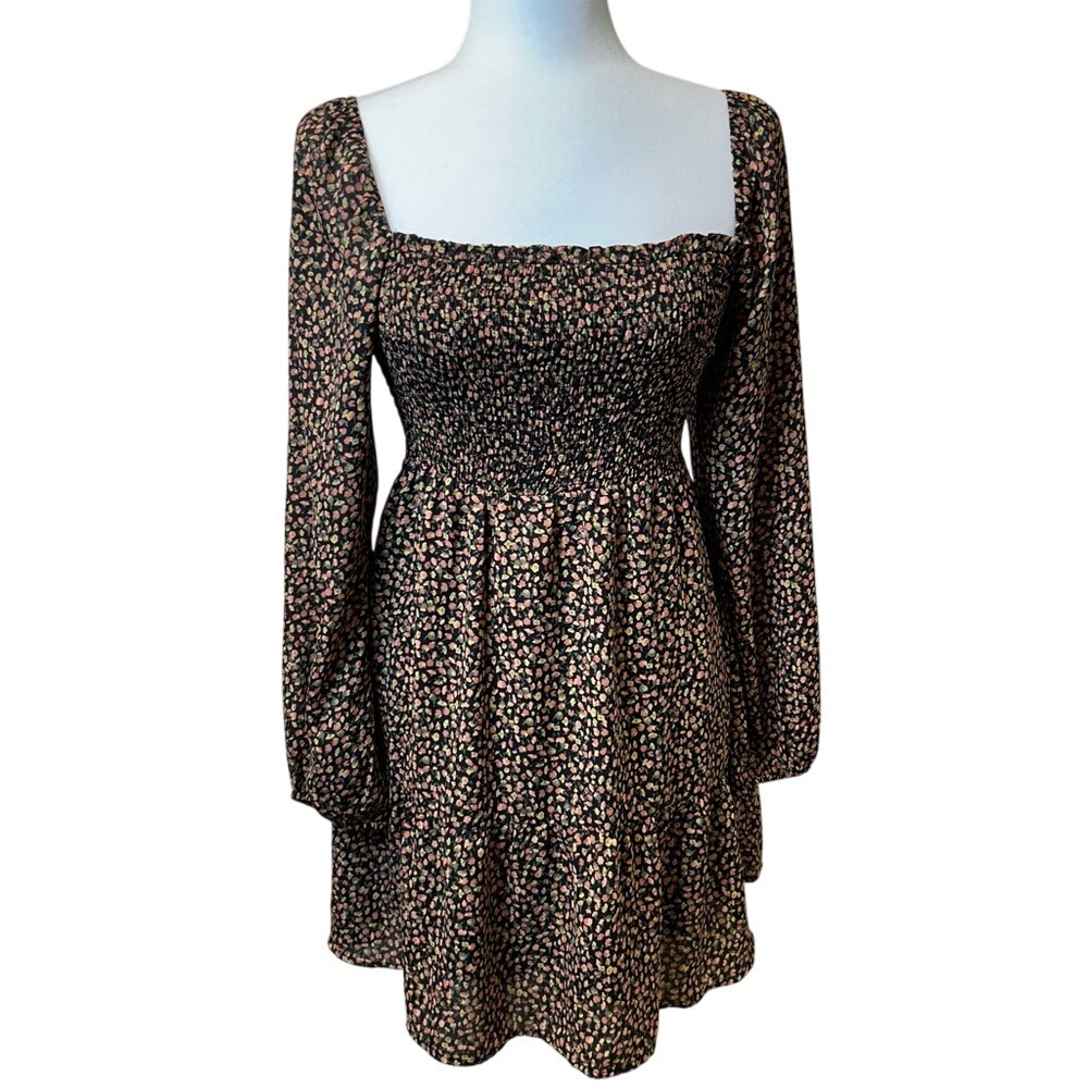 Abercrombie & Fitch Black Floral Print Smocked Mini Dress w/ pockets Size Medium